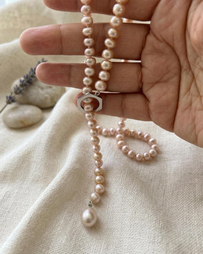 Pink Freshwater Pearl Lariat Necklace – Y-Necklace with Sterling Silver O-Ring