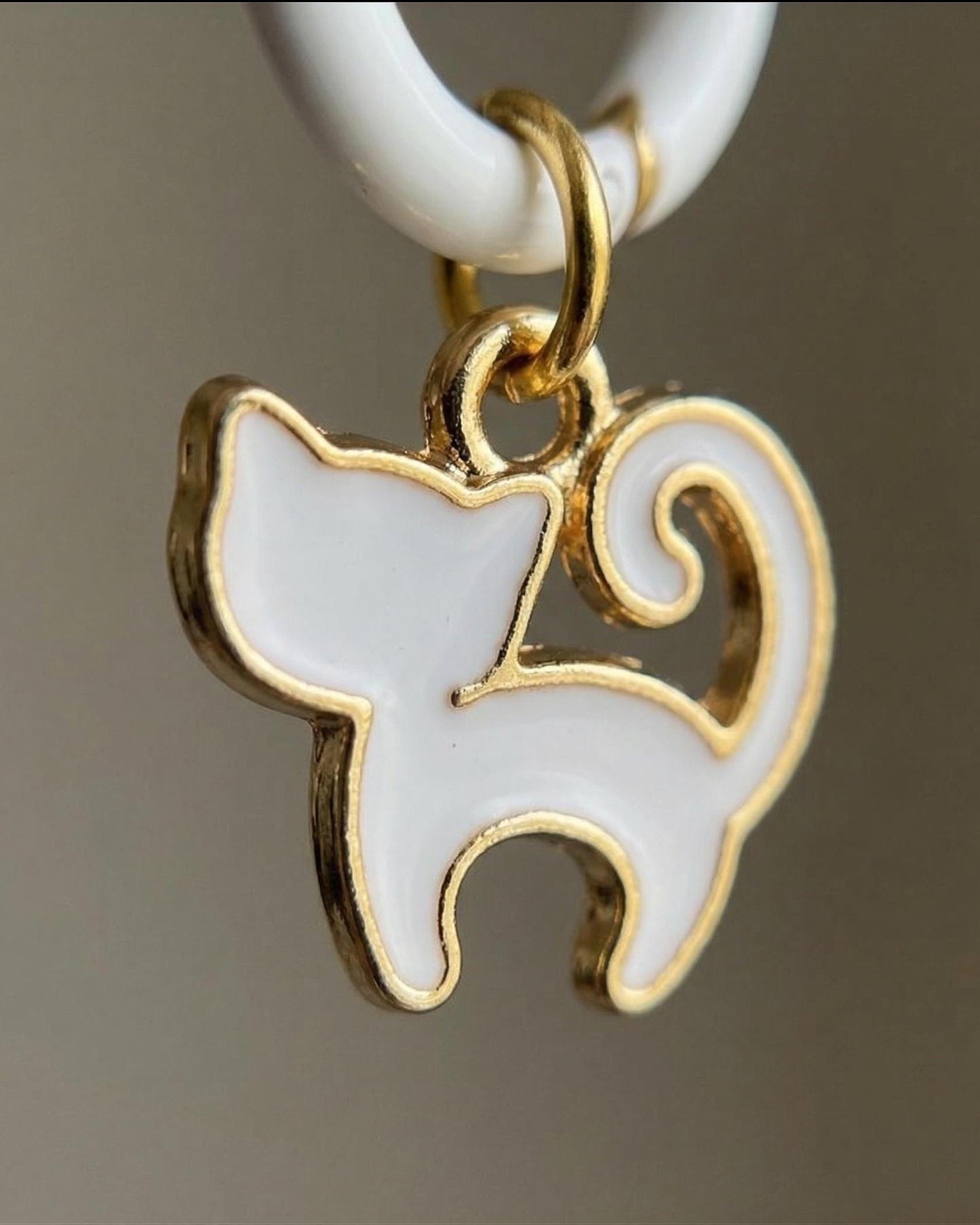 White Enamel Cat Huggie Hoops