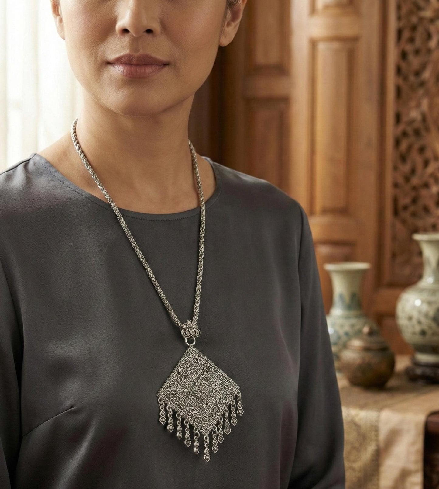 Traditional Ethnic Necklace with Intricate Filigree Pendant