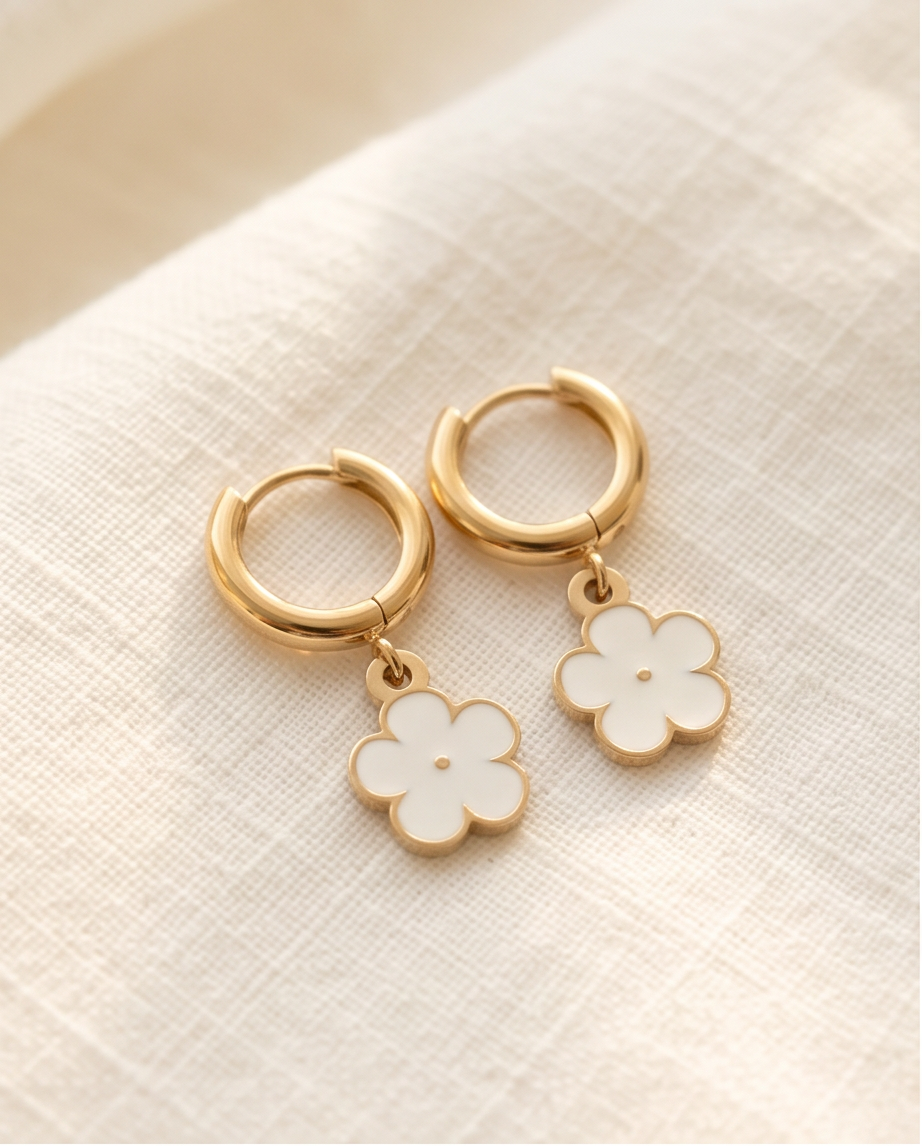 Daisy Huggie Hoop Earrings — Gold, White Enamel Flower Charm