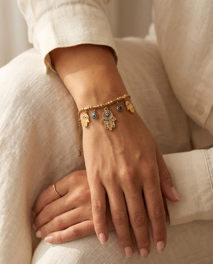 Gold Hamsa Hand & Evil Eye Charm Bracelet