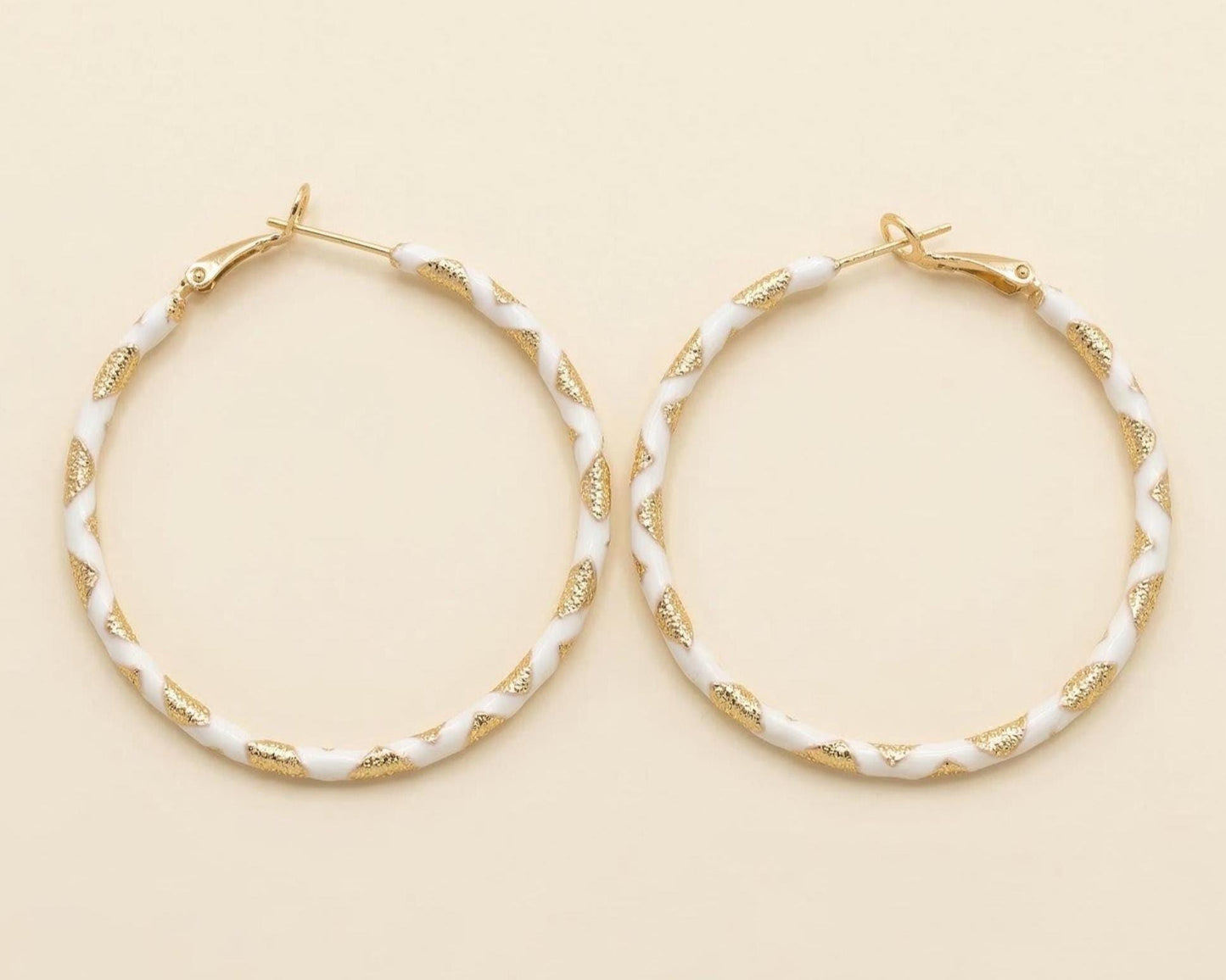 White Enamel Twisted Gold Hoops