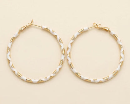 White Enamel Twisted Gold Hoops