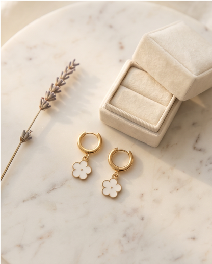 Daisy Huggie Hoop Earrings — Gold, White Enamel Flower Charm