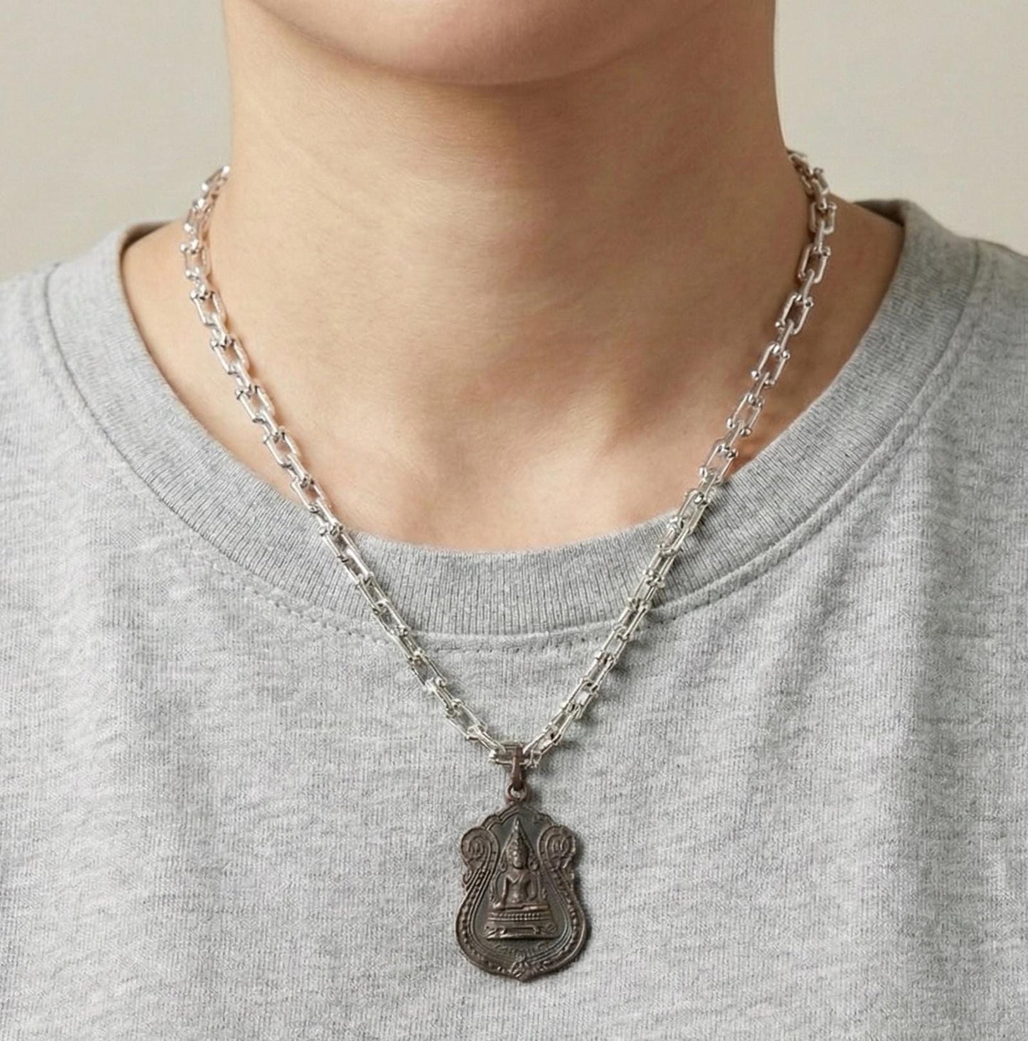 Thai Buddha Pewter Amulet Necklace