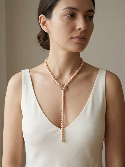Pink Freshwater Pearl Lariat Necklace – Y-Necklace with Sterling Silver O-Ring