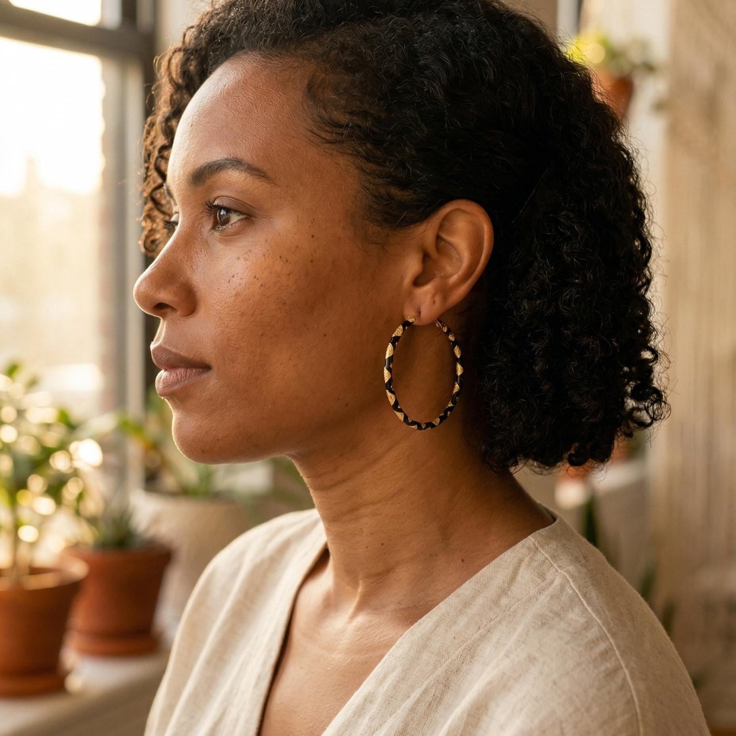 Textured Black & Gold Hoop Earrings
