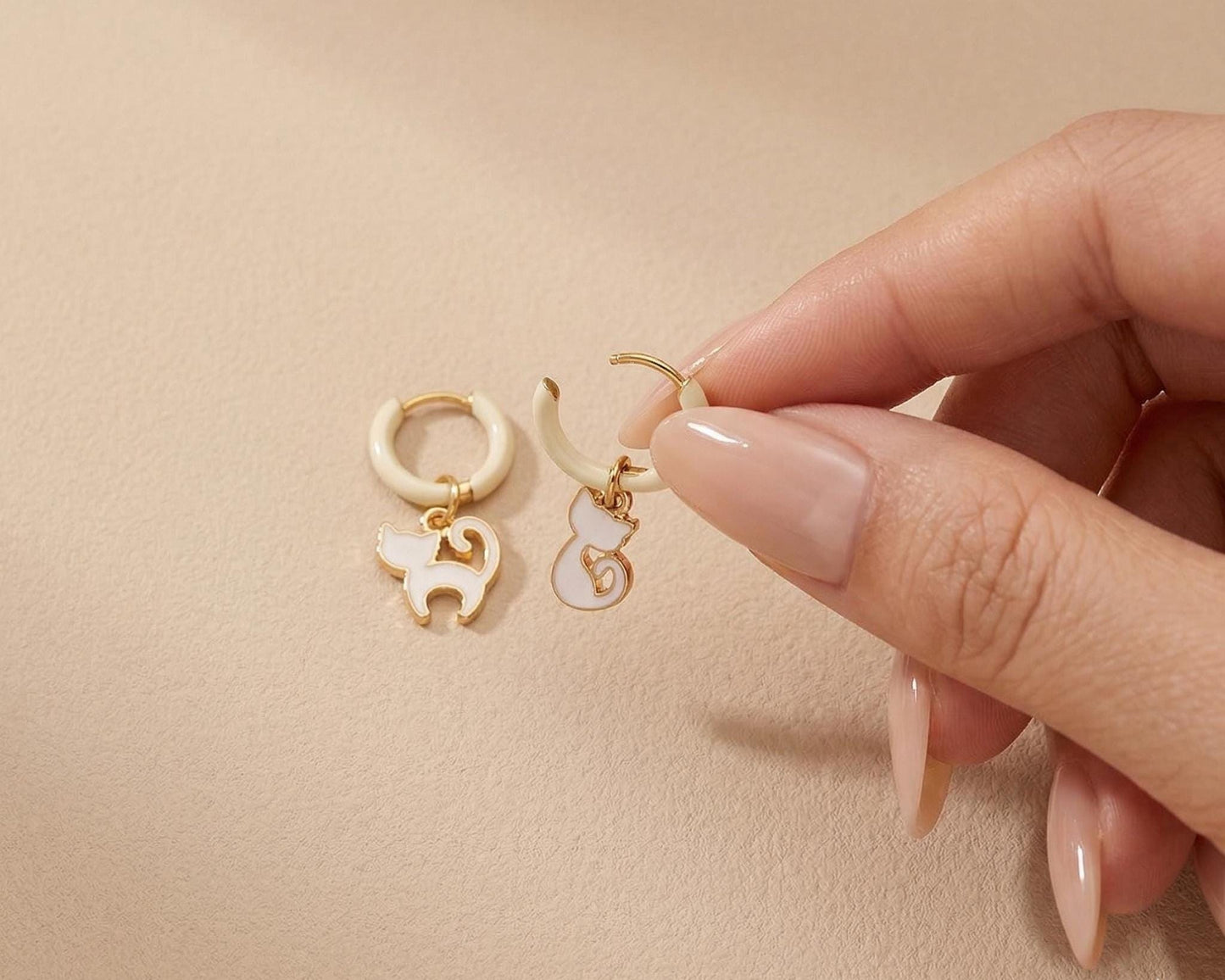 White Enamel Cat Huggie Hoops