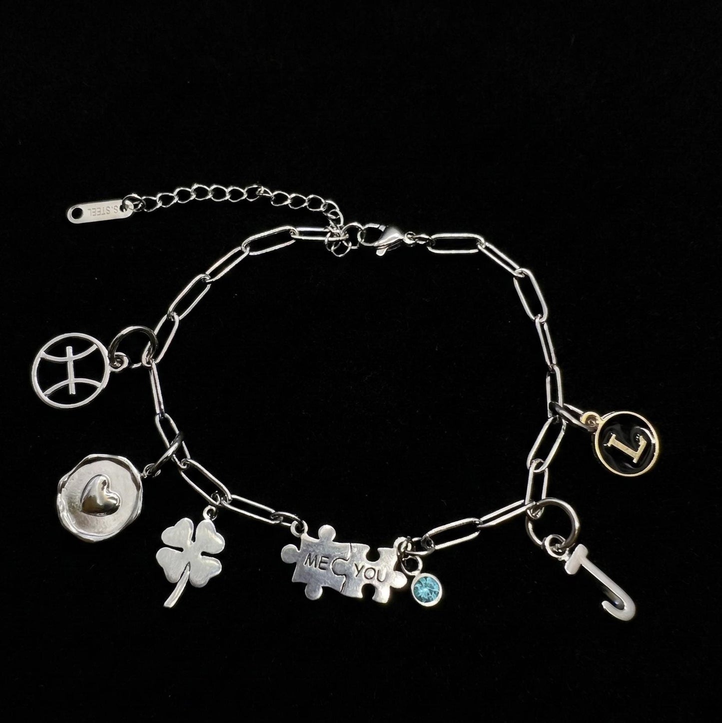 Personalized Puzzle Charm Bracelet Custom Initials Birthstone Zodiac Signs Stainless Steel Anniversary Gift