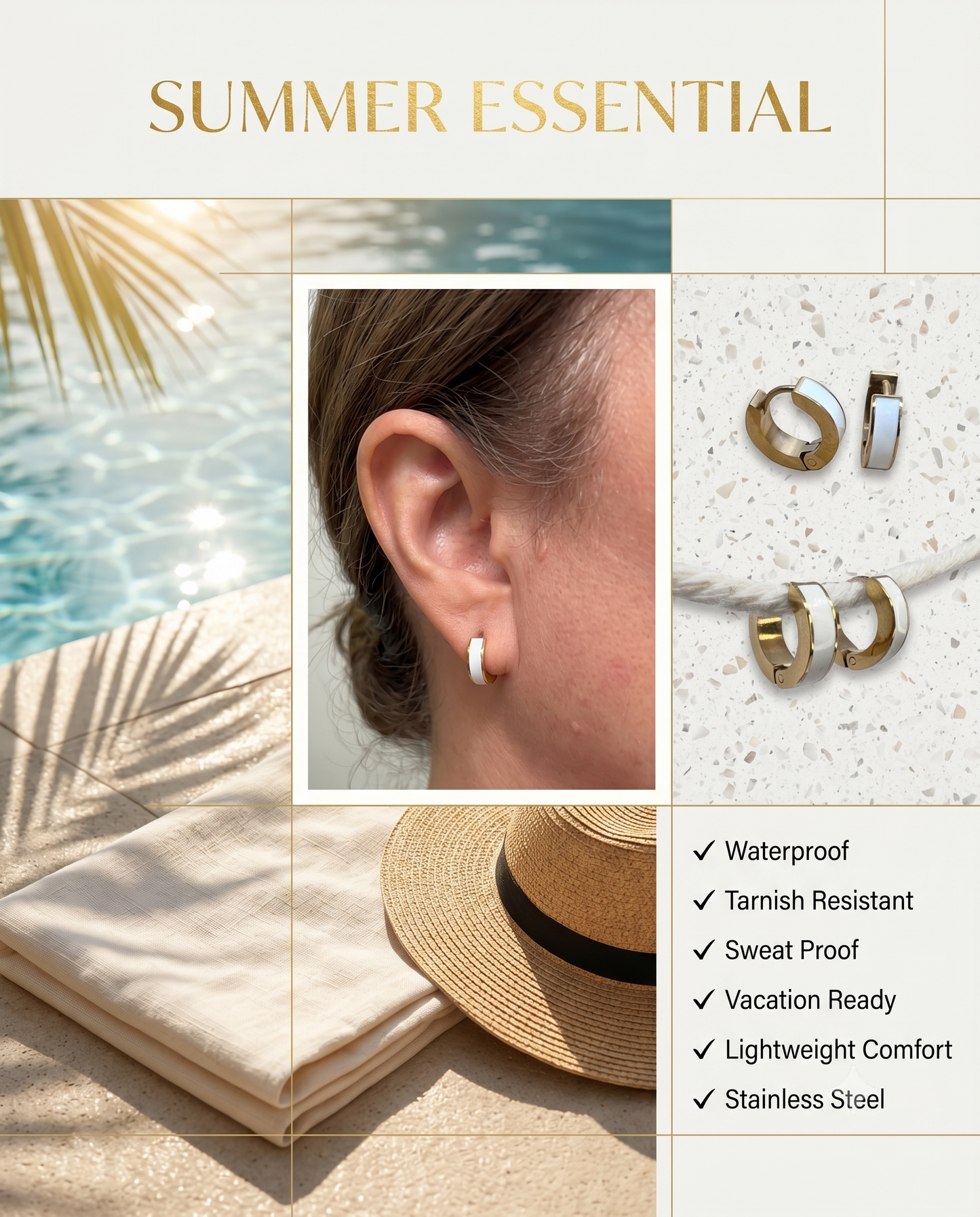 White Enamel Huggie Hoop Earrings — Gold, Waterproof