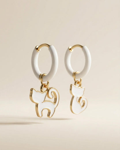 White Enamel Cat Huggie Hoops
