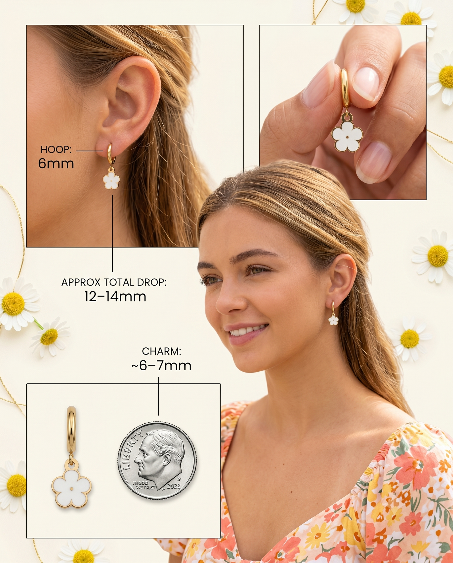 Daisy Huggie Hoop Earrings — Gold, White Enamel Flower Charm