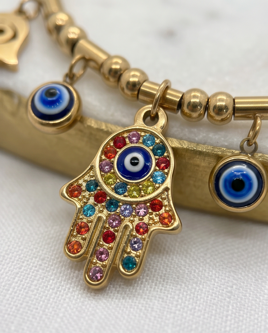 Gold Hamsa Hand & Evil Eye Charm Bracelet