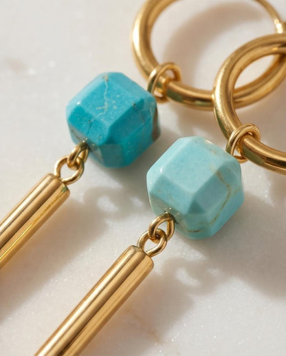 Gold & Turquoise Dangle Huggie Hoop Earrings