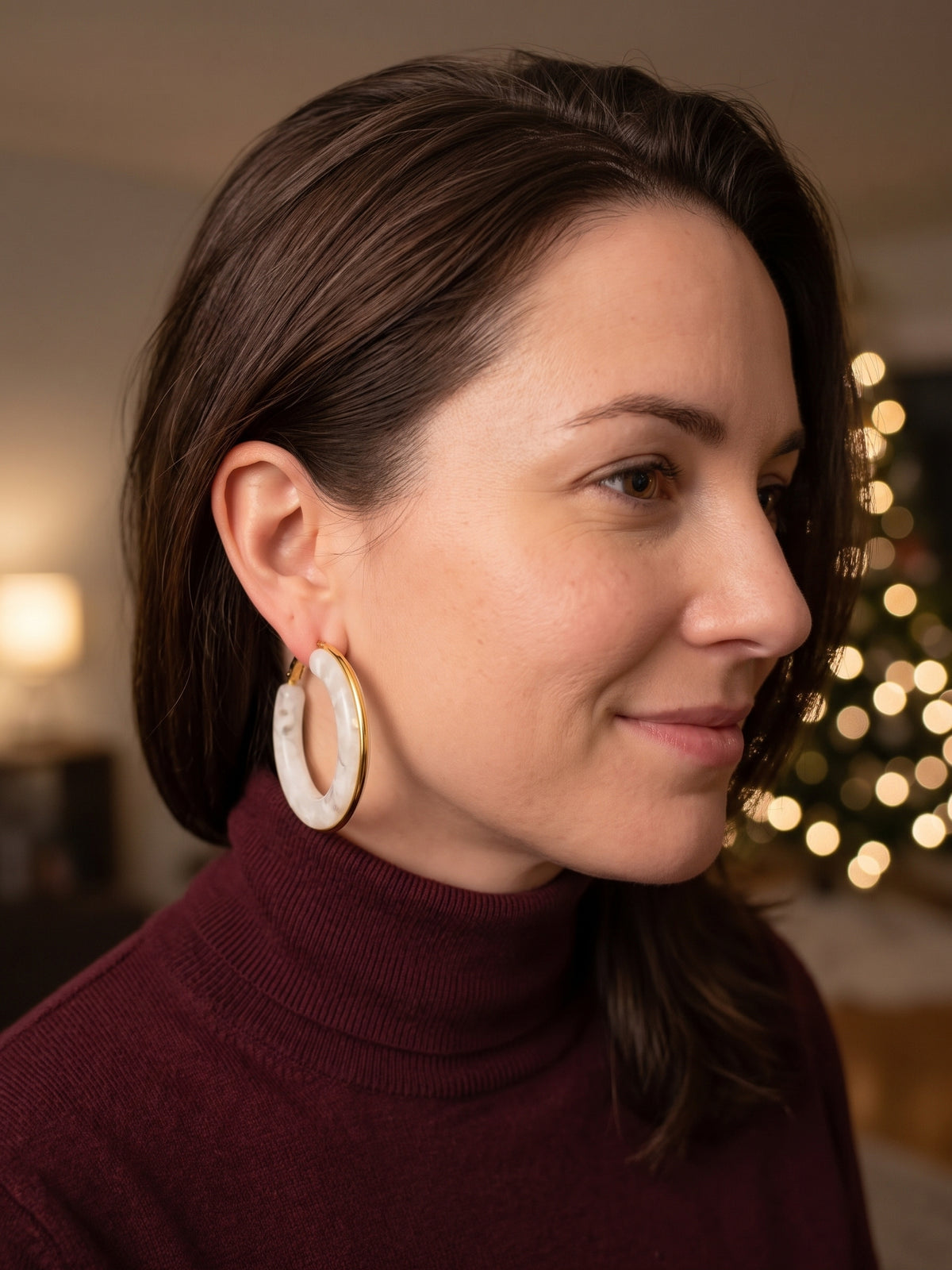 White Resin Hoop Earrings with Gold Trim