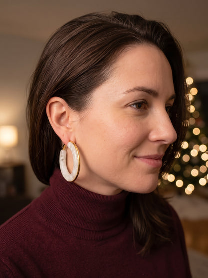 White Resin Hoop Earrings with Gold Trim