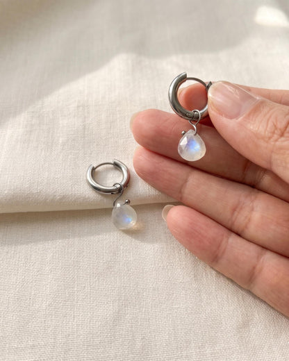 Moonstone Silver Huggie Hoops
