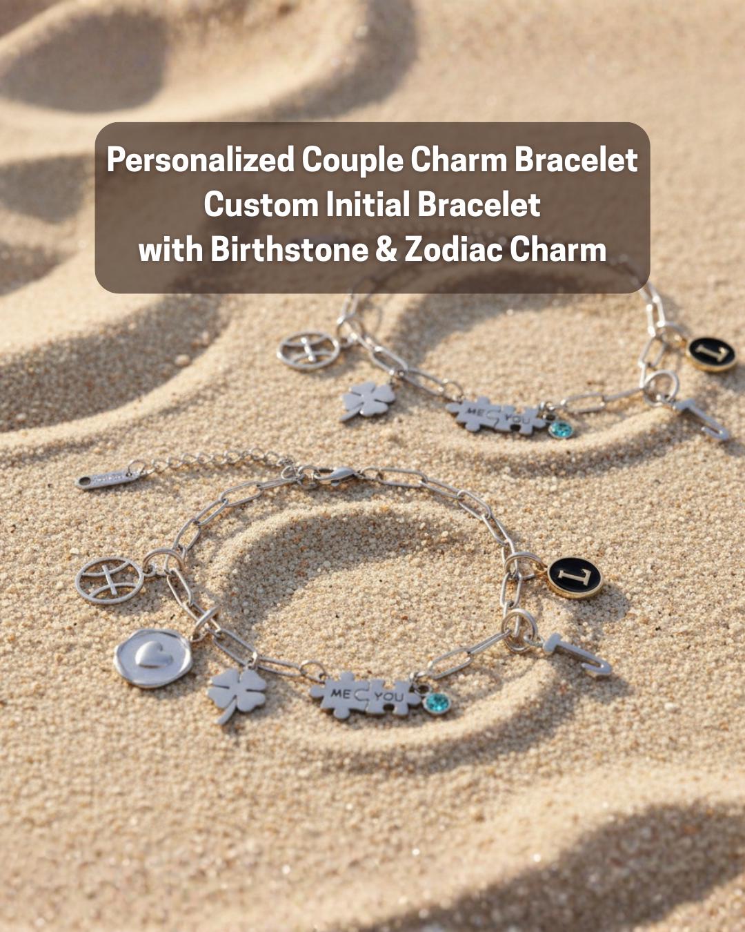 Personalized Puzzle Charm Bracelet Custom Initials Birthstone Zodiac Signs Stainless Steel Anniversary Gift