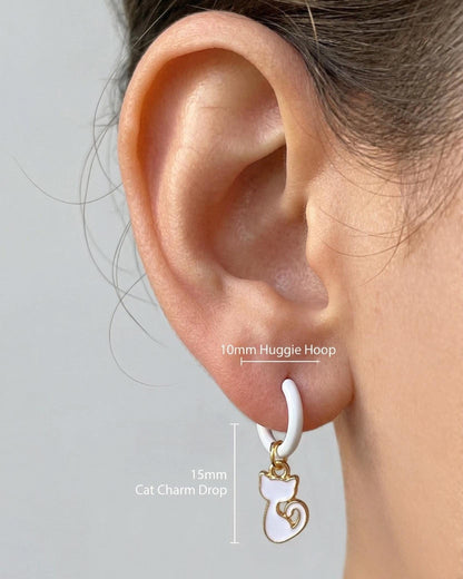 White Enamel Cat Huggie Hoops