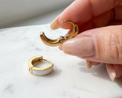 White Enamel Gold Huggie Hoops