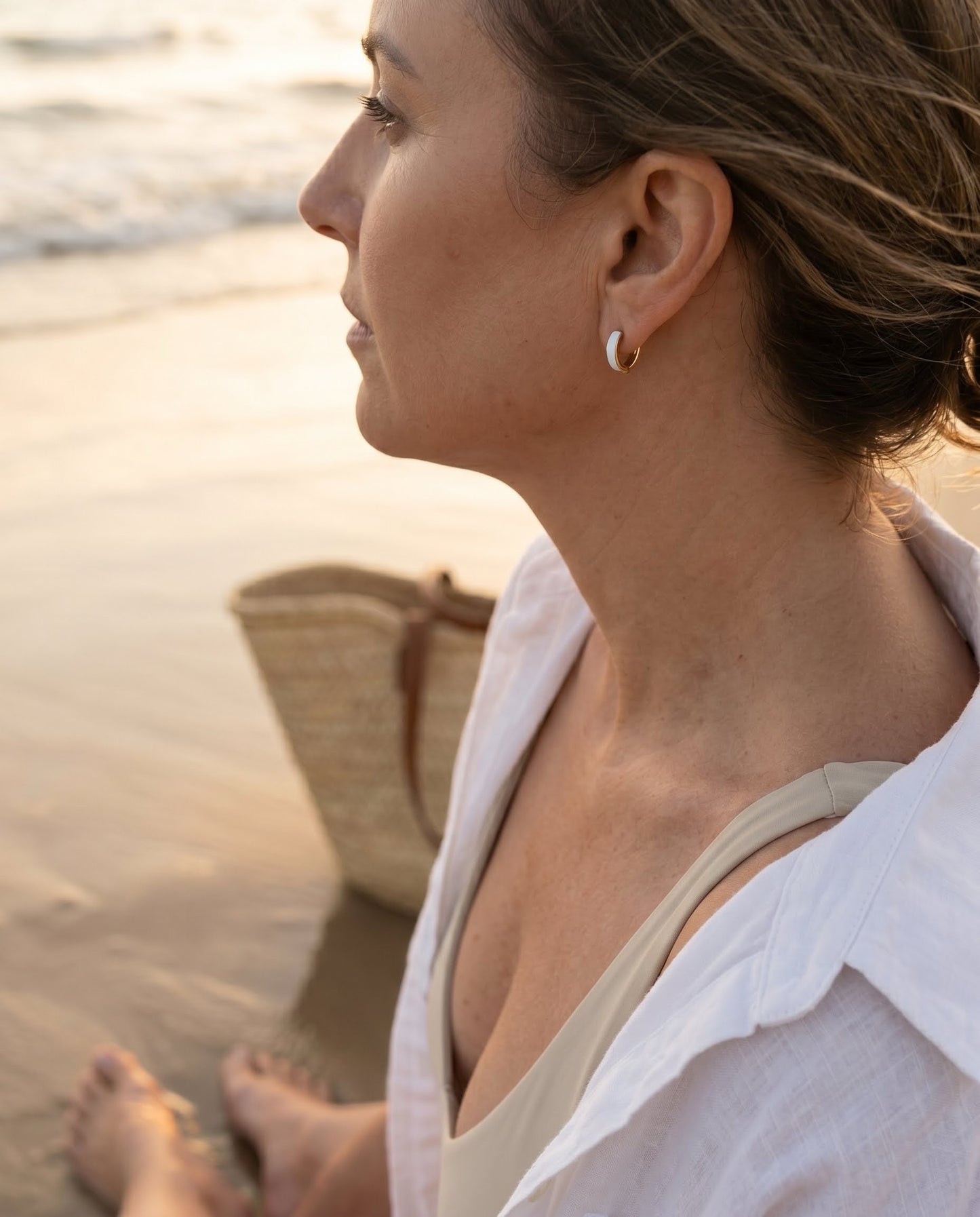 White Enamel Huggie Hoop Earrings — Gold, Waterproof