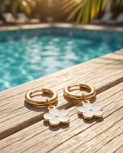 Daisy Huggie Hoop Earrings — Gold, White Enamel Flower Charm