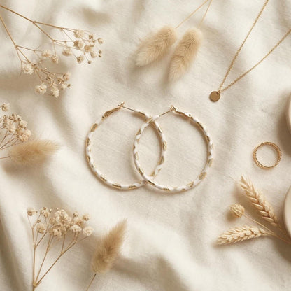 White Enamel Twisted Gold Hoops
