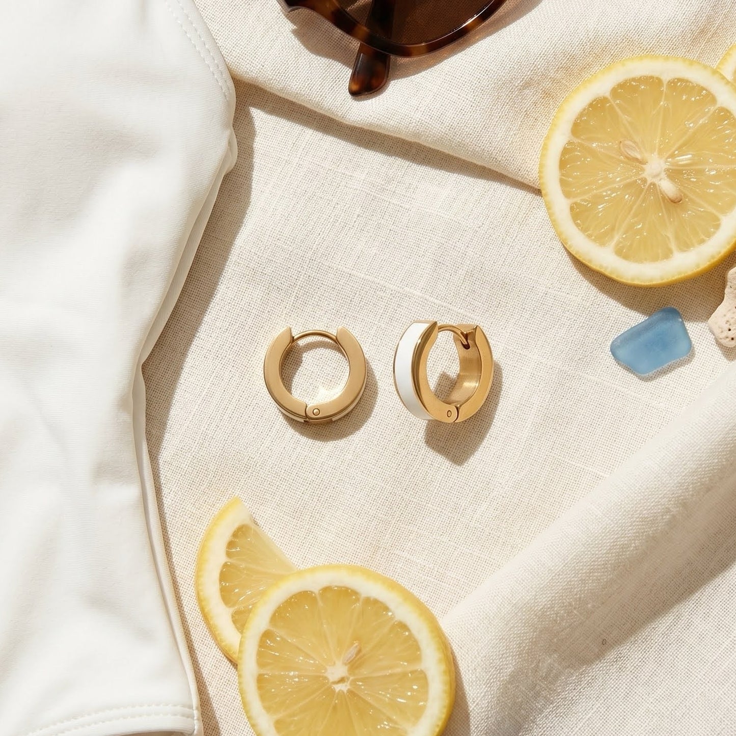 White Enamel Huggie Hoop Earrings — Gold, Waterproof