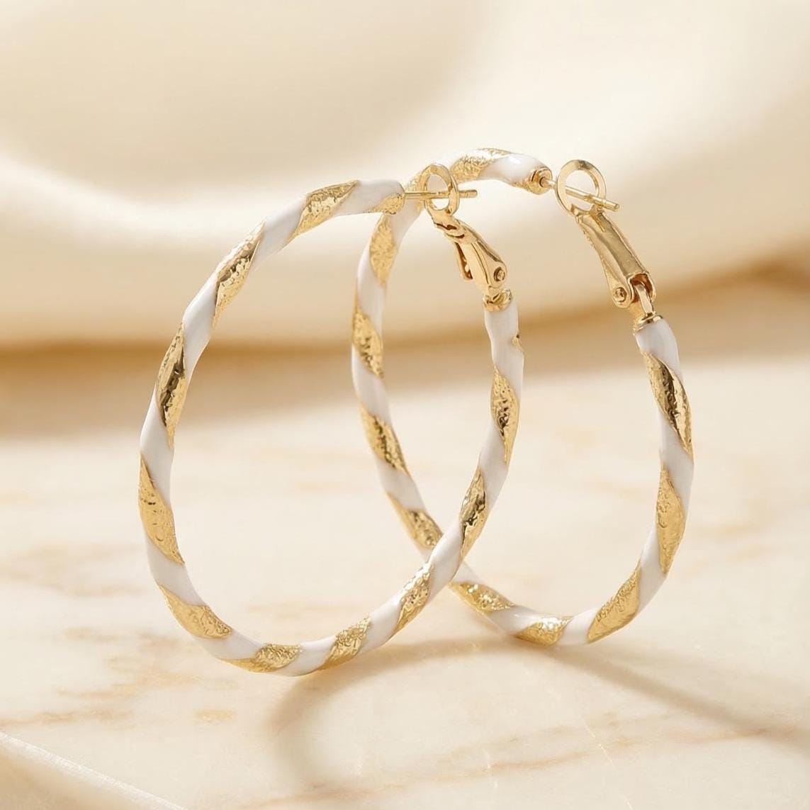 White Enamel Twisted Gold Hoops
