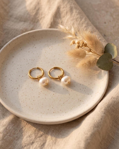 Freshwater Pearl Gold Hoop Earrings