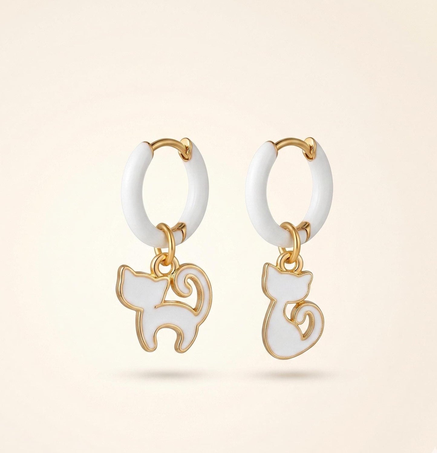 White Enamel Cat Huggie Hoops