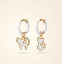 White Enamel Cat Huggie Hoops