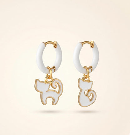 White Enamel Cat Huggie Hoops