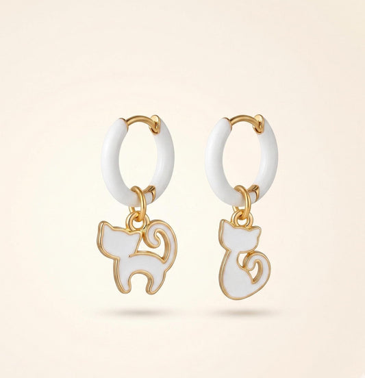 White Enamel Cat Huggie Hoops