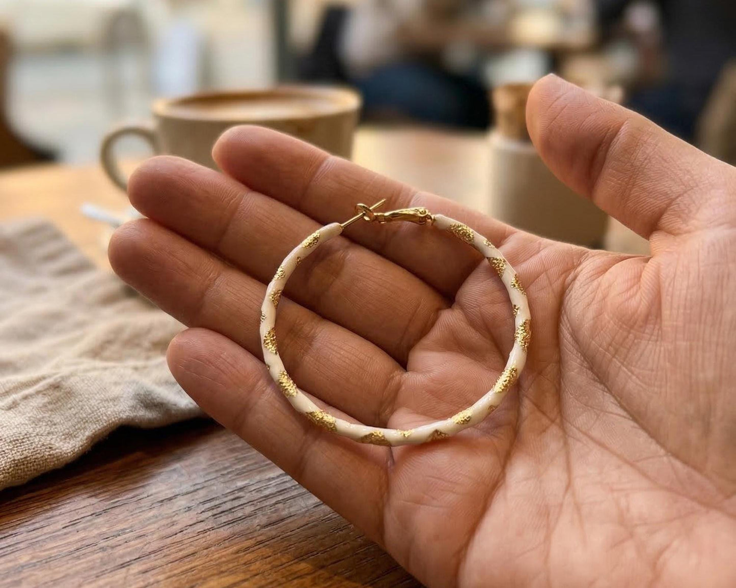 White Enamel Twisted Gold Hoops