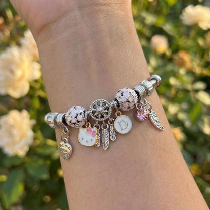 Hello Kitty Charm Bracelet with Initial, Personalized Cable Bangle, Pink Crystal, Y2K Gift Jewelry