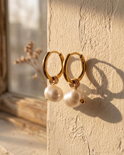 Freshwater Pearl Gold Hoop Earrings
