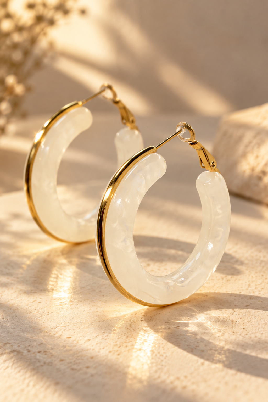 White Resin Hoop Earrings with Gold Trim