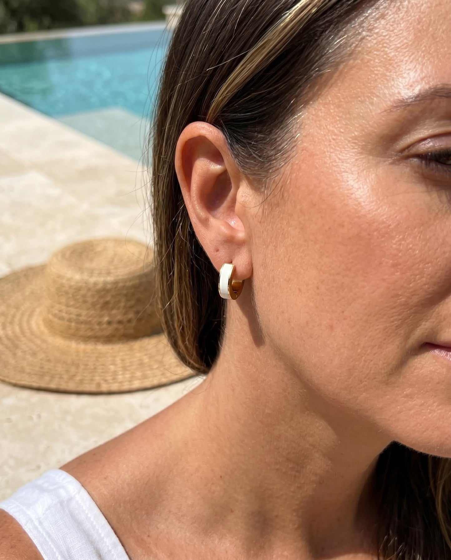 White Enamel Huggie Hoop Earrings — Gold, Waterproof