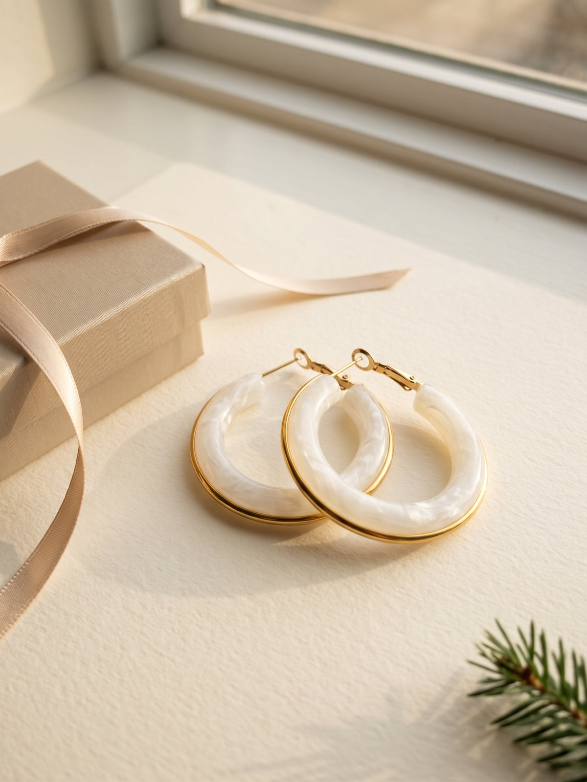 White Resin Hoop Earrings with Gold Trim