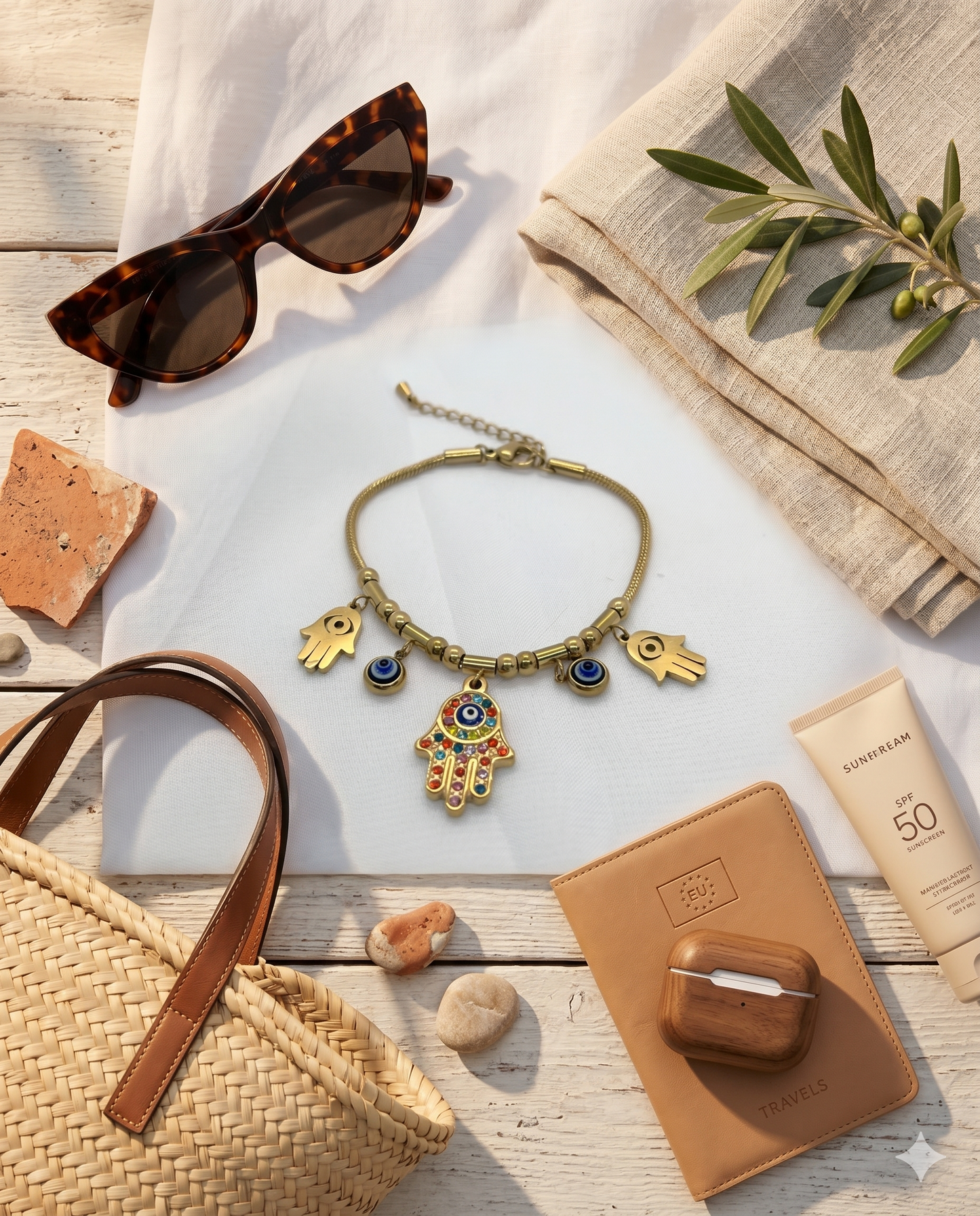 Gold Hamsa Hand & Evil Eye Charm Bracelet