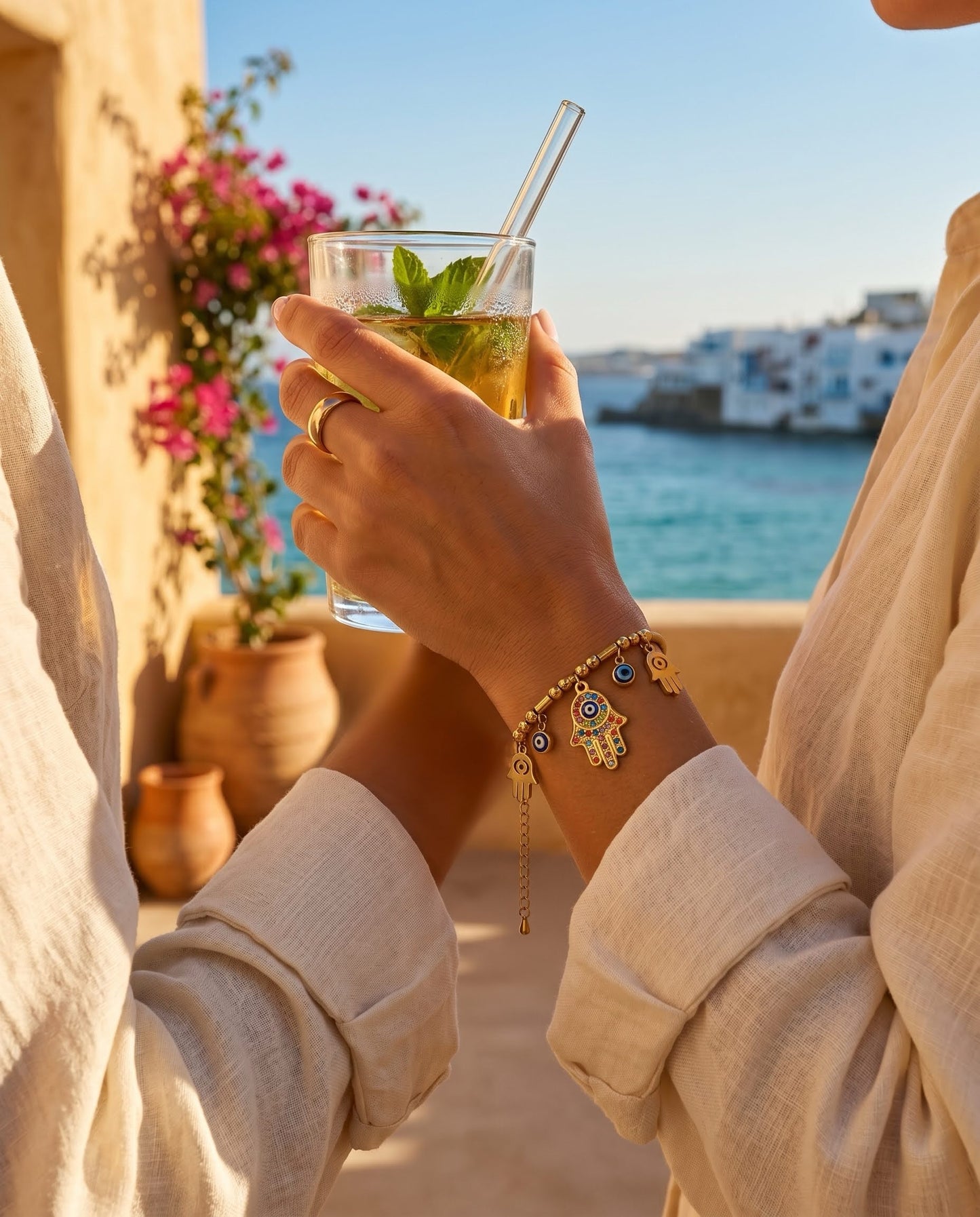 Gold Hamsa Hand & Evil Eye Charm Bracelet
