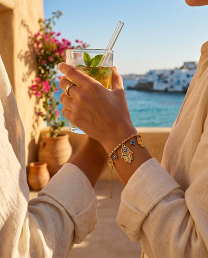 Gold Hamsa Hand & Evil Eye Charm Bracelet