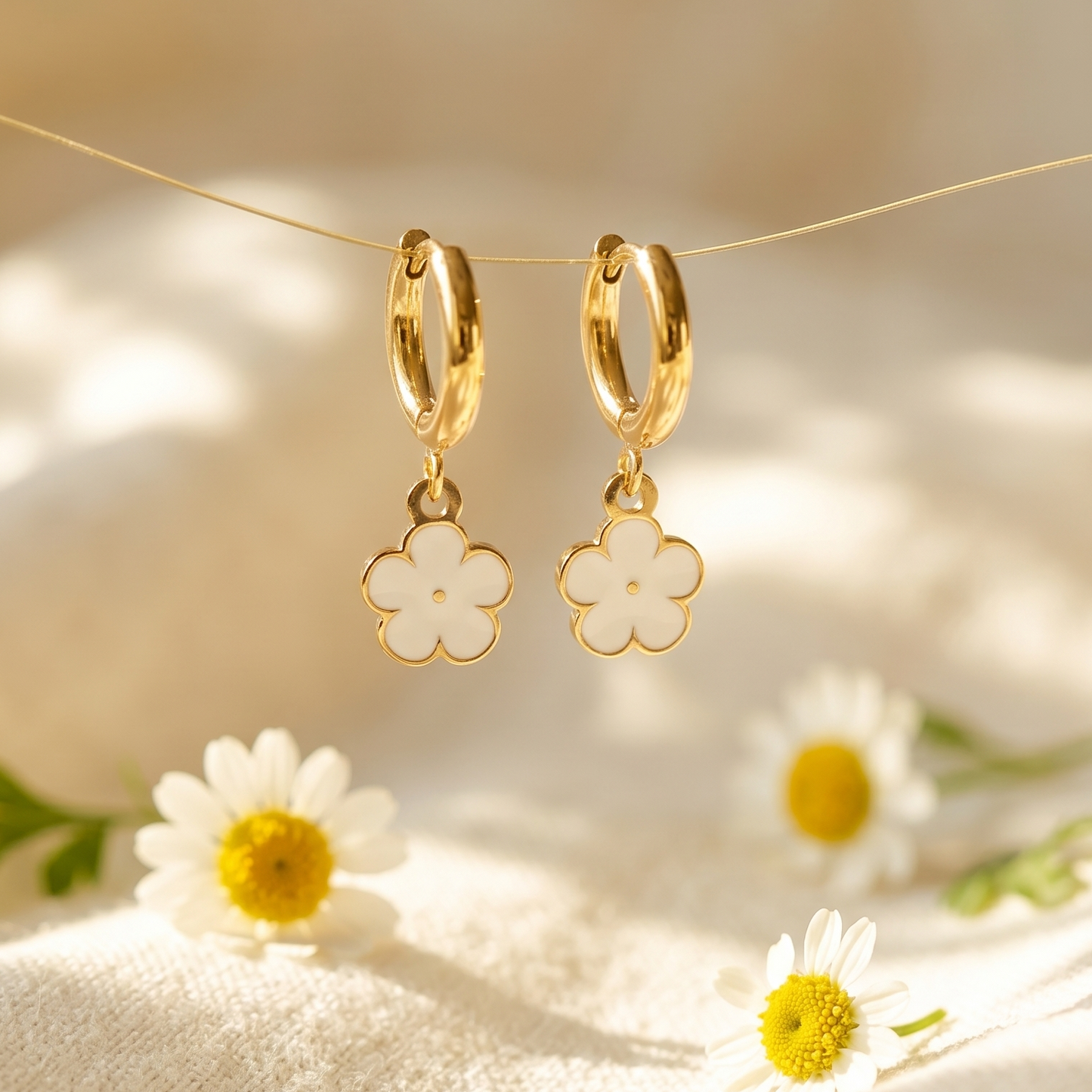 Daisy Huggie Hoop Earrings — Gold, White Enamel Flower Charm