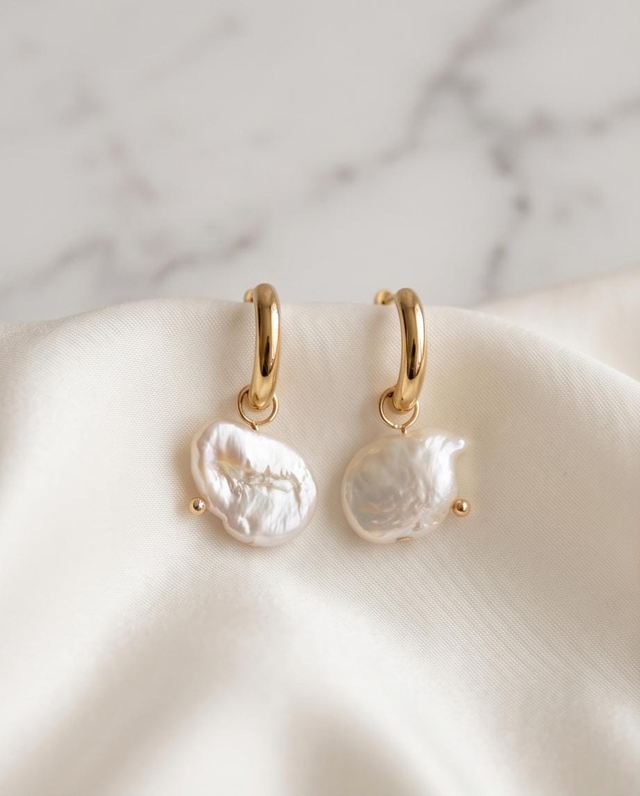 Baroque Organic Shape Pearl 10mm Huggie Hoop Earrings, Gold Stainless Steel Dangle Minimalist Jewelry