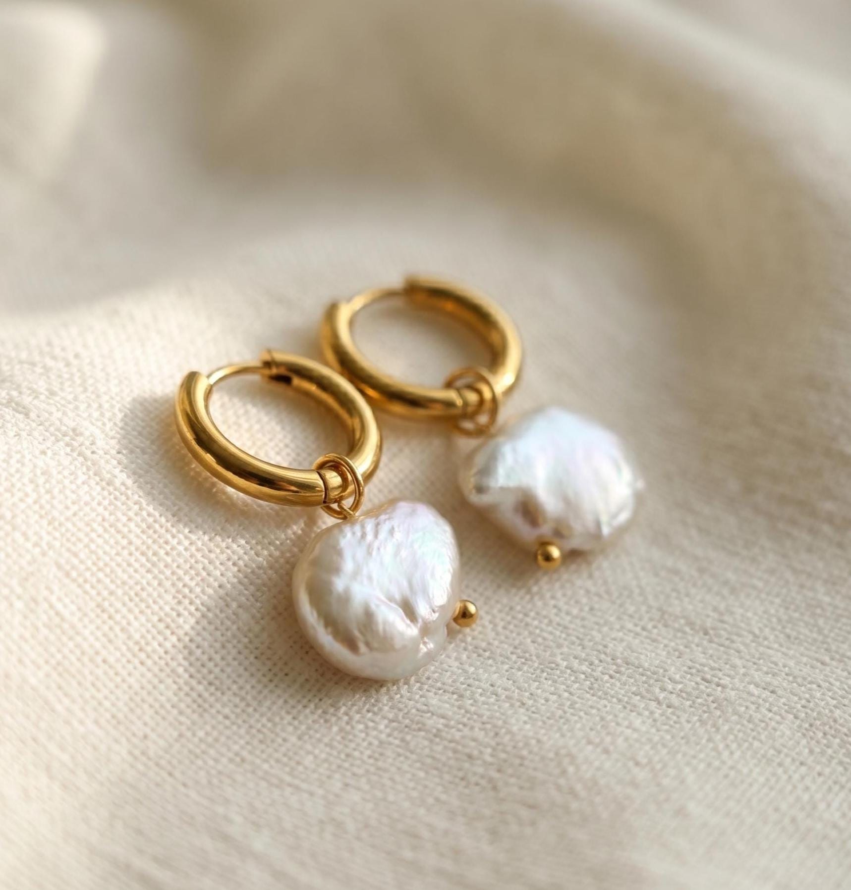 Baroque Organic Shape Pearl 10mm Huggie Hoop Earrings, Gold Stainless Steel Dangle Minimalist Jewelry
