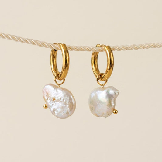Baroque Organic Shape Pearl 10mm Huggie Hoop Earrings, Gold Stainless Steel Dangle Minimalist Jewelry