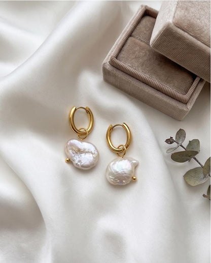 Baroque Organic Shape Pearl 10mm Huggie Hoop Earrings, Gold Stainless Steel Dangle Minimalist Jewelry