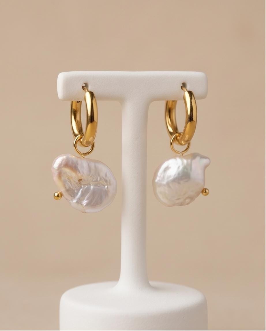 Baroque Organic Shape Pearl 10mm Huggie Hoop Earrings, Gold Stainless Steel Dangle Minimalist Jewelry