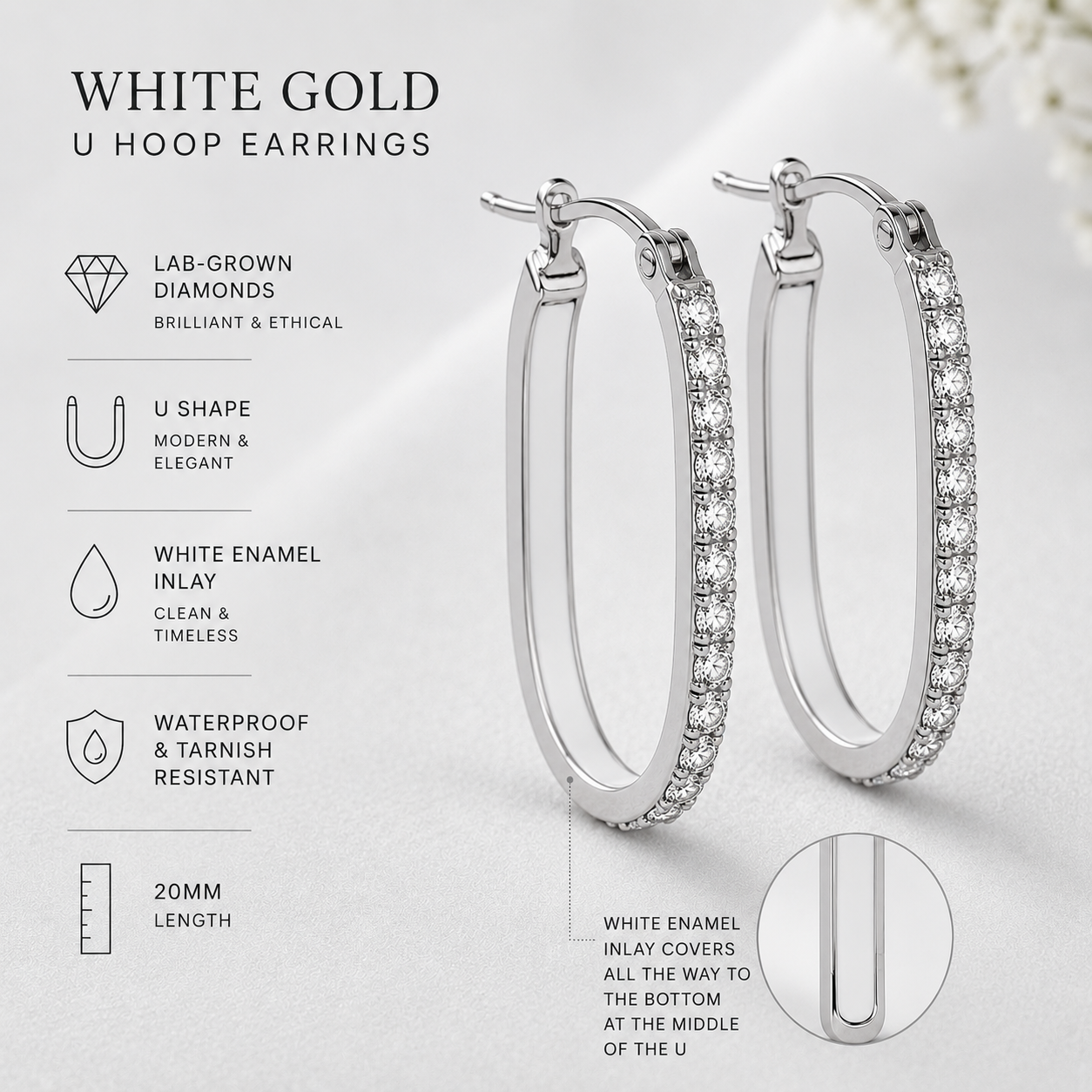 Yellow Gold or White Gold U Hoop Earrings with AAA Cubic Zirconia, White Enamel Inlay